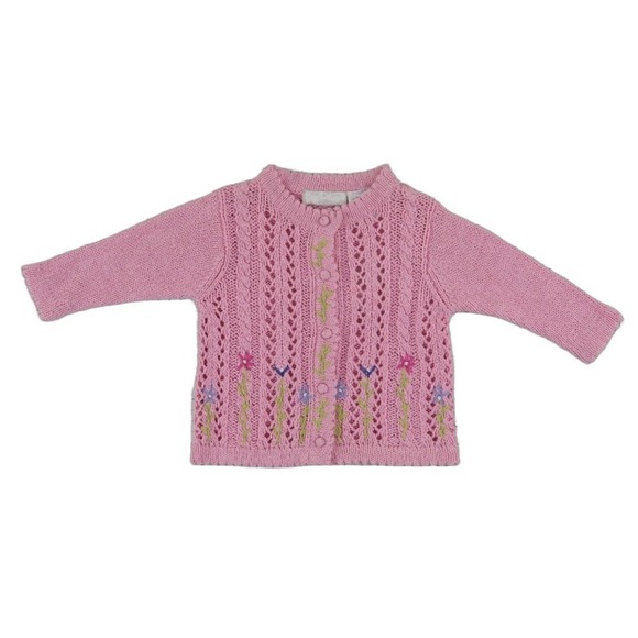 Halston Baby Other - Halston Baby Cardigan Sweater Girls Size 12 Months Pink‎ Pointelle Floral Knit